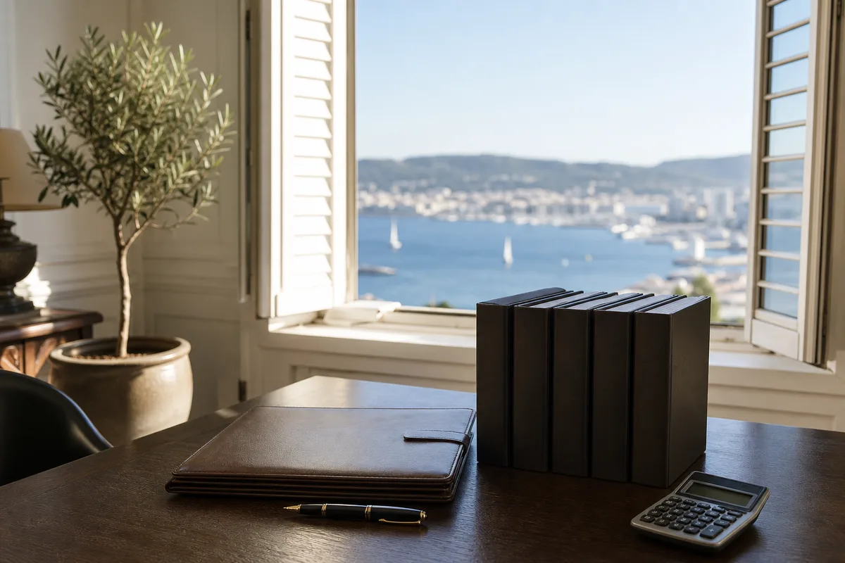 Parapheur de cuir posé sur un bureau, devant une fenêtre ouverte sur la rade de Toulon